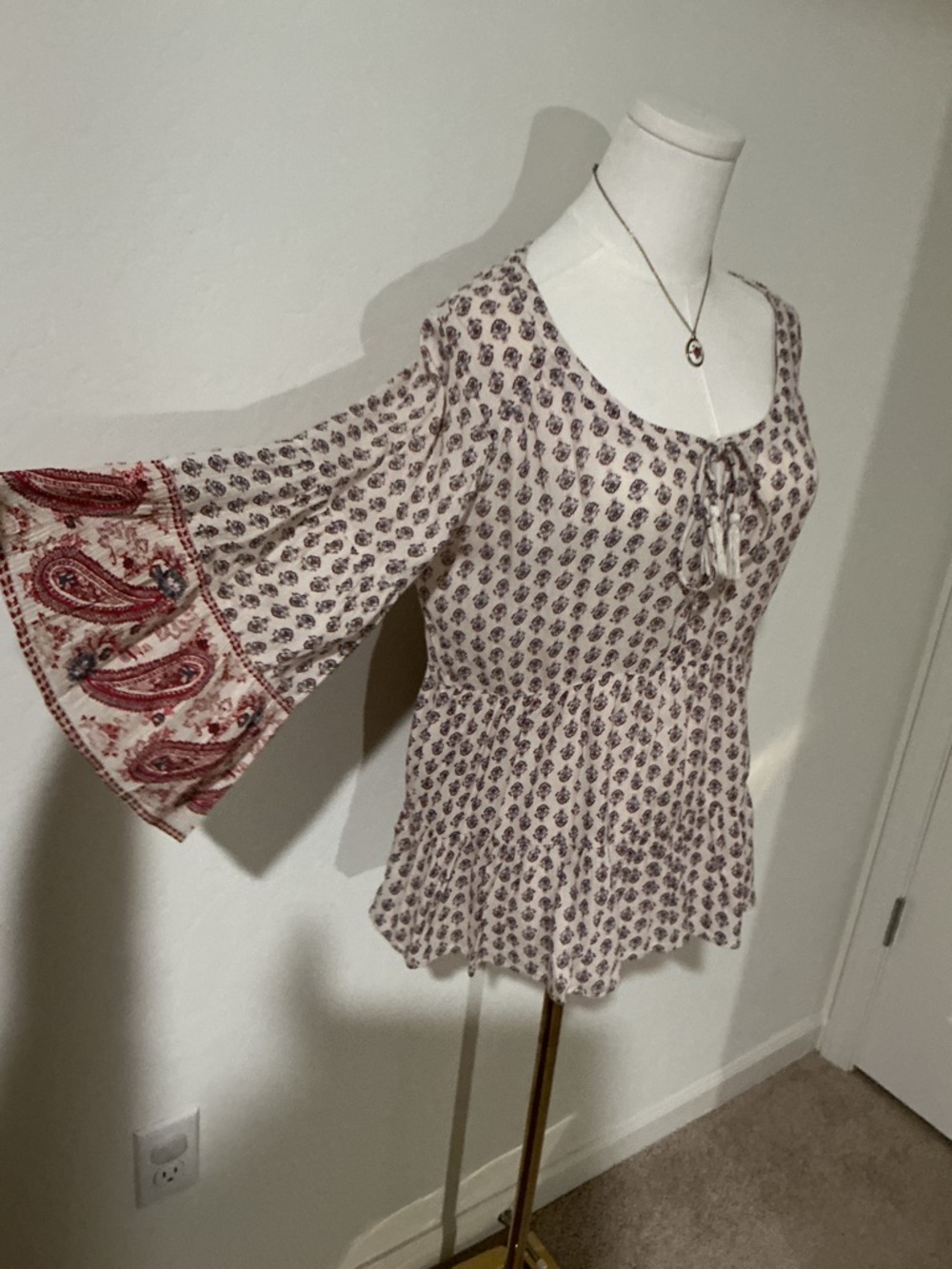 American Eagle Outfitters cream + red blouse